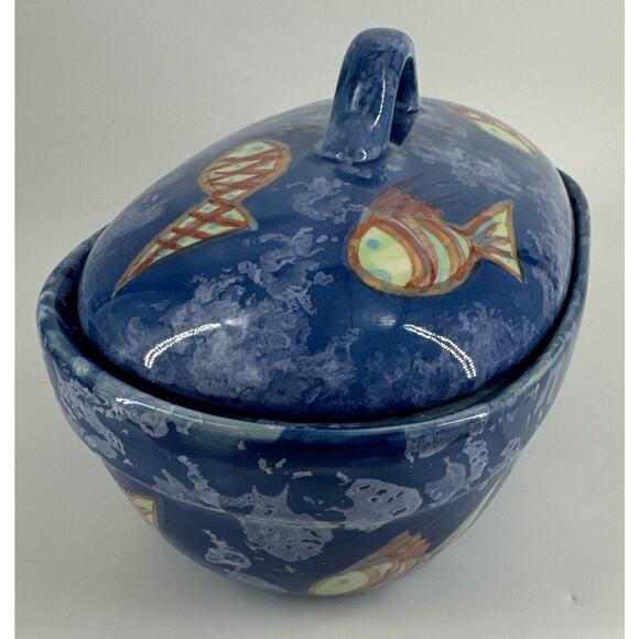 Bowl w/Lid Evandale Porcelain Handpainted Fish Design Blue 9” L x 5.25”W x 5.5”T - Picture 4 of 14